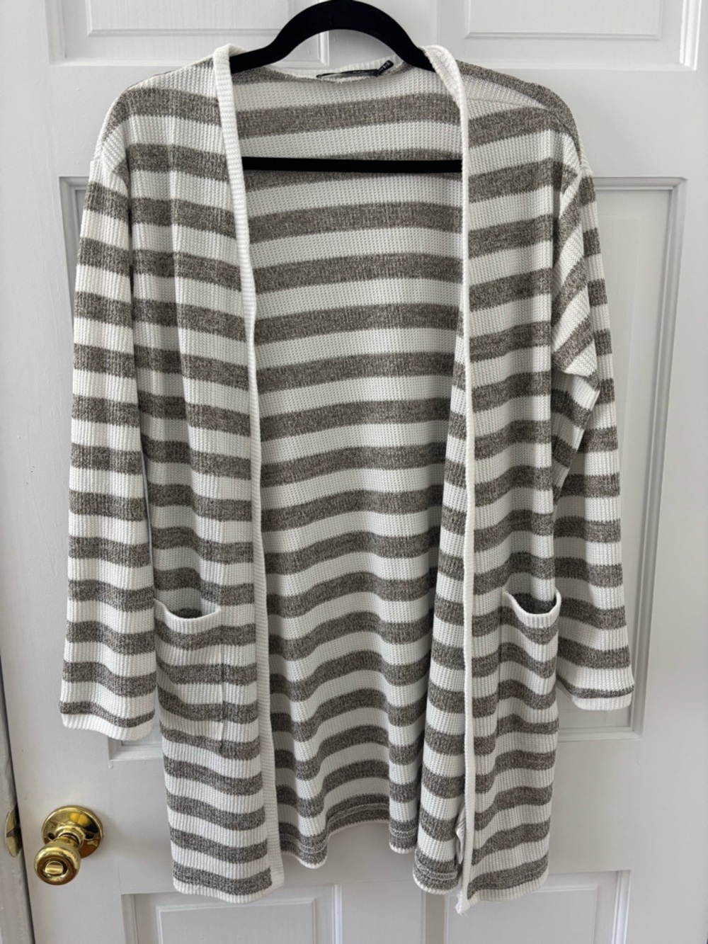 Striped Open-Front Cardigan Sweater in White and Gray